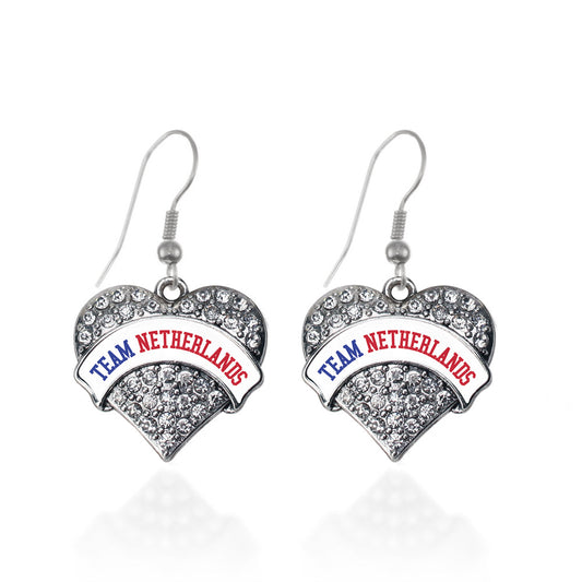 Silver Team Netherlands Pave Heart Charm Dangle Earrings