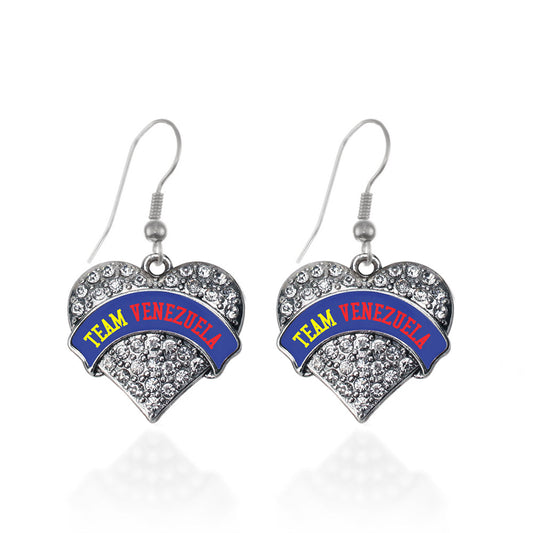 Silver Team Venezuela Pave Heart Charm Dangle Earrings