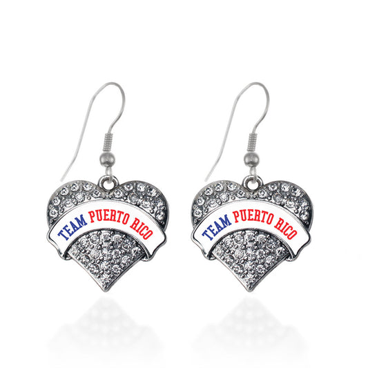 Silver Team Puerto Rico Pave Heart Charm Dangle Earrings