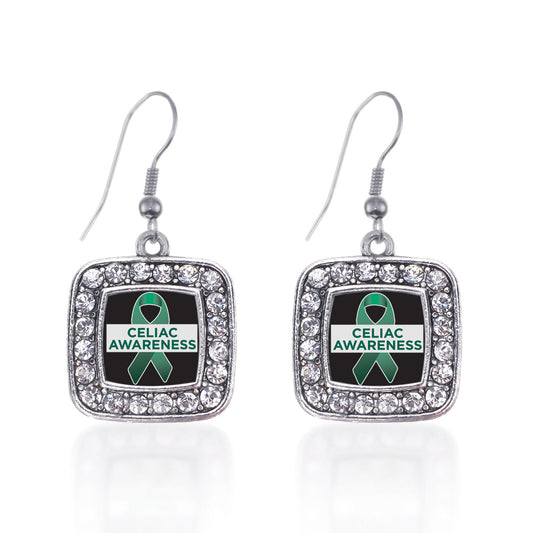 Silver Celiac Awareness Square Charm Dangle Earrings