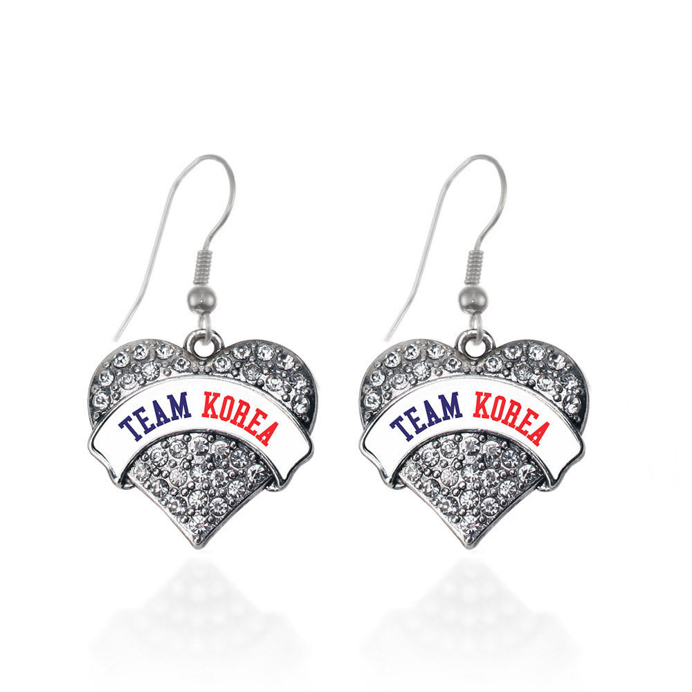 Silver Team Korea Pave Heart Charm Dangle Earrings