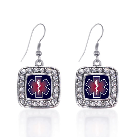 Silver Star Of Life EMT / EMS Square Charm Dangle Earrings