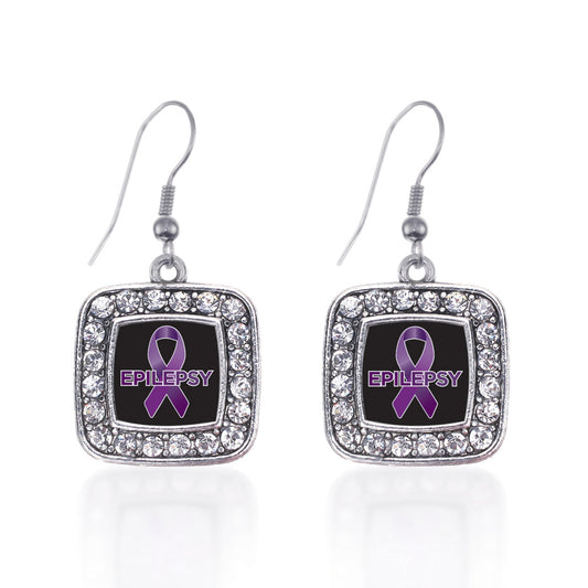 Silver Epilepsy Awareness Square Charm Dangle Earrings