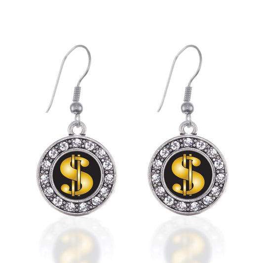 Silver Dollar Sign Circle Charm Dangle Earrings