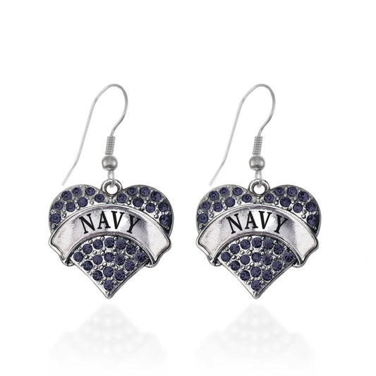 Silver Navy Blue Pave Heart Charm Dangle Earrings