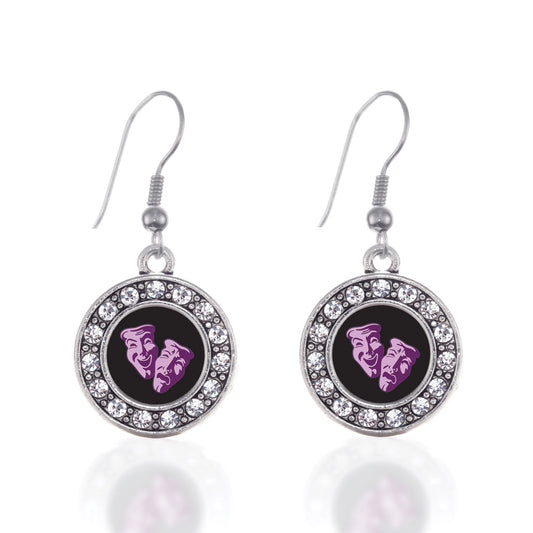 Silver Drama Faces Circle Charm Dangle Earrings