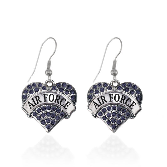 Silver Air Force Blue Pave Heart Charm Dangle Earrings