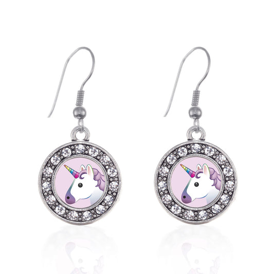 Silver Unicorn Emoji Circle Charm Dangle Earrings