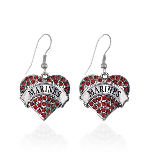 Silver Marines Red Pave Heart Charm Dangle Earrings