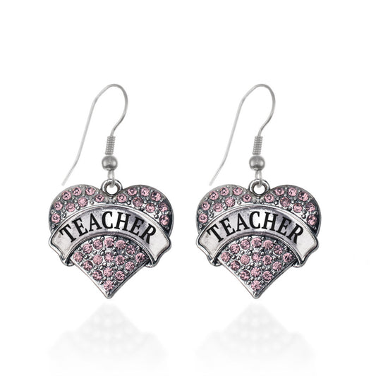 Silver Teacher Pink Pave Heart Charm Dangle Earrings