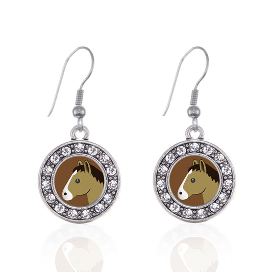 Silver Horse Emoji Circle Charm Dangle Earrings