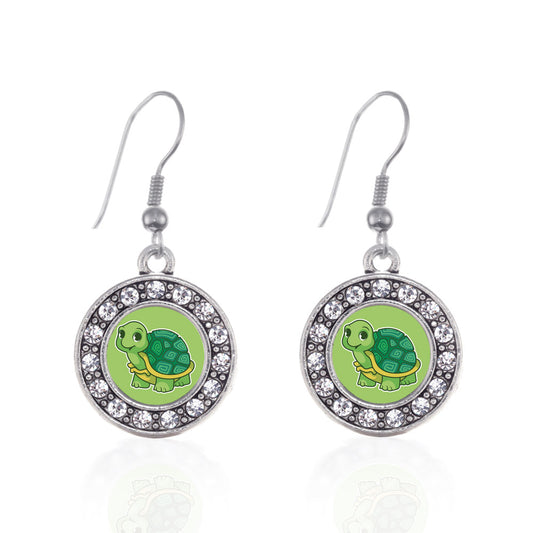 Silver Baby Turtle Circle Charm Dangle Earrings