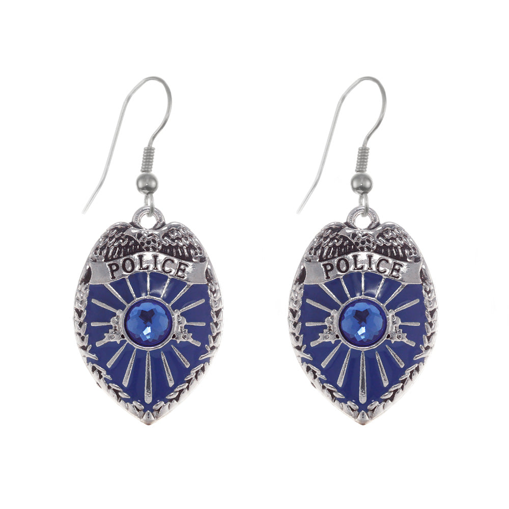 Silver Blue Police Badge Charm Dangle Earrings