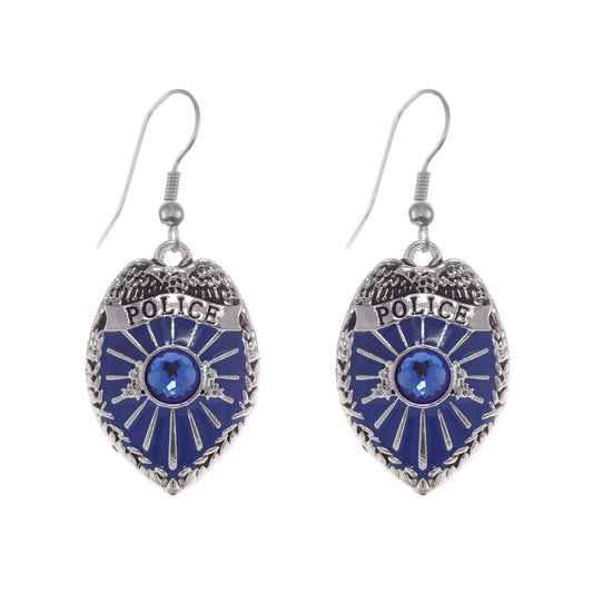 Silver Blue Police Badge Charm Dangle Earrings