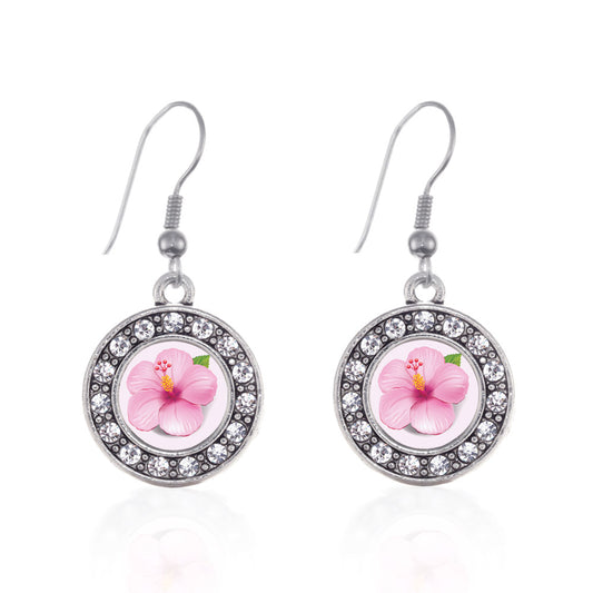 Silver Hibiscus Flower Circle Charm Dangle Earrings