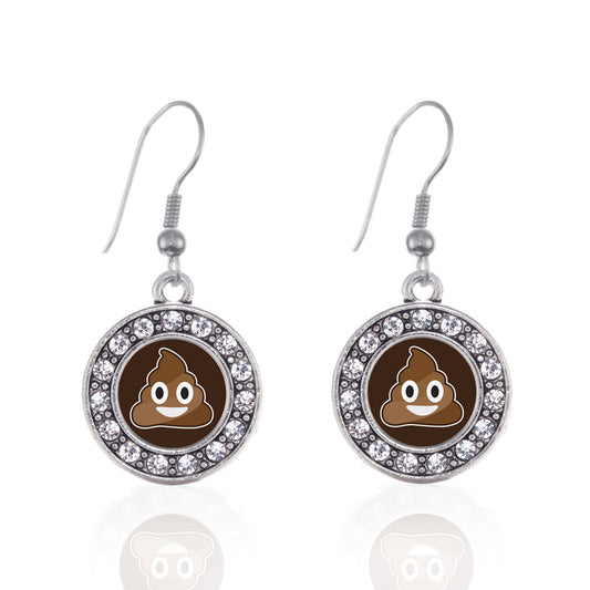 Silver Poop Emoji Circle Charm Dangle Earrings