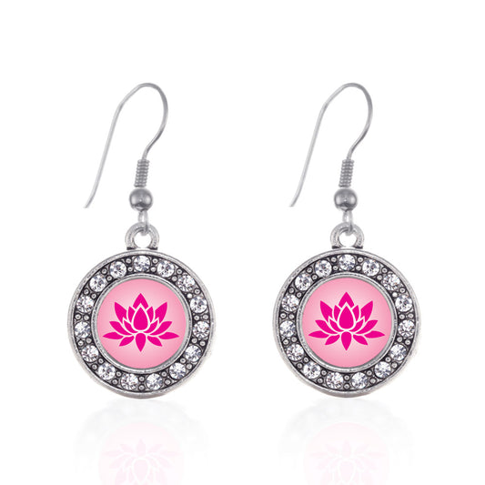 Silver Lotus Circle Charm Dangle Earrings