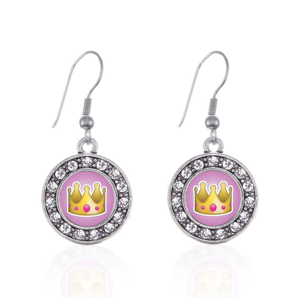 Silver Crown Emoji Circle Charm Dangle Earrings