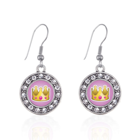 Silver Crown Emoji Circle Charm Dangle Earrings