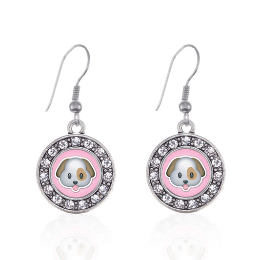 Silver Puppy Emoji Circle Charm Dangle Earrings
