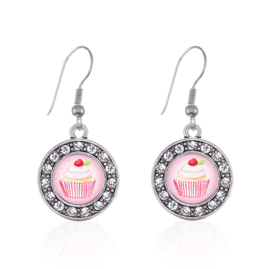 Silver Cupcake with a Cherry on Top Circle Charm Dangle Earrings