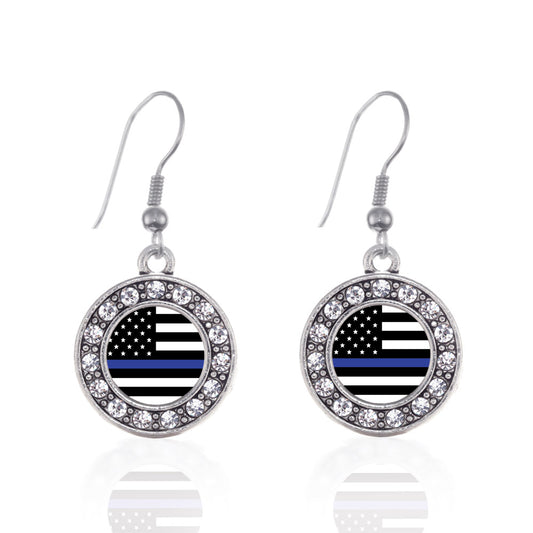 Silver Thin Blue Line American Flag Circle Charm Dangle Earrings