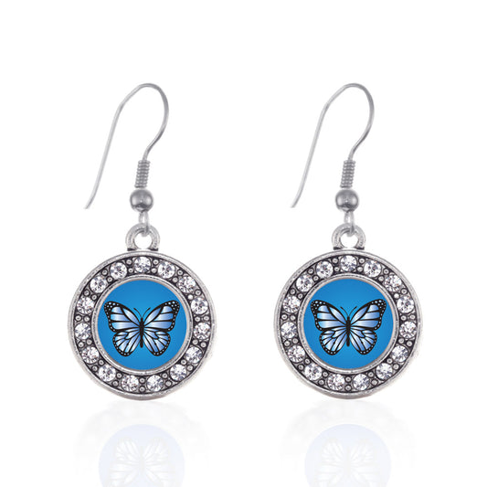 Silver Azure Butterfly Circle Charm Dangle Earrings