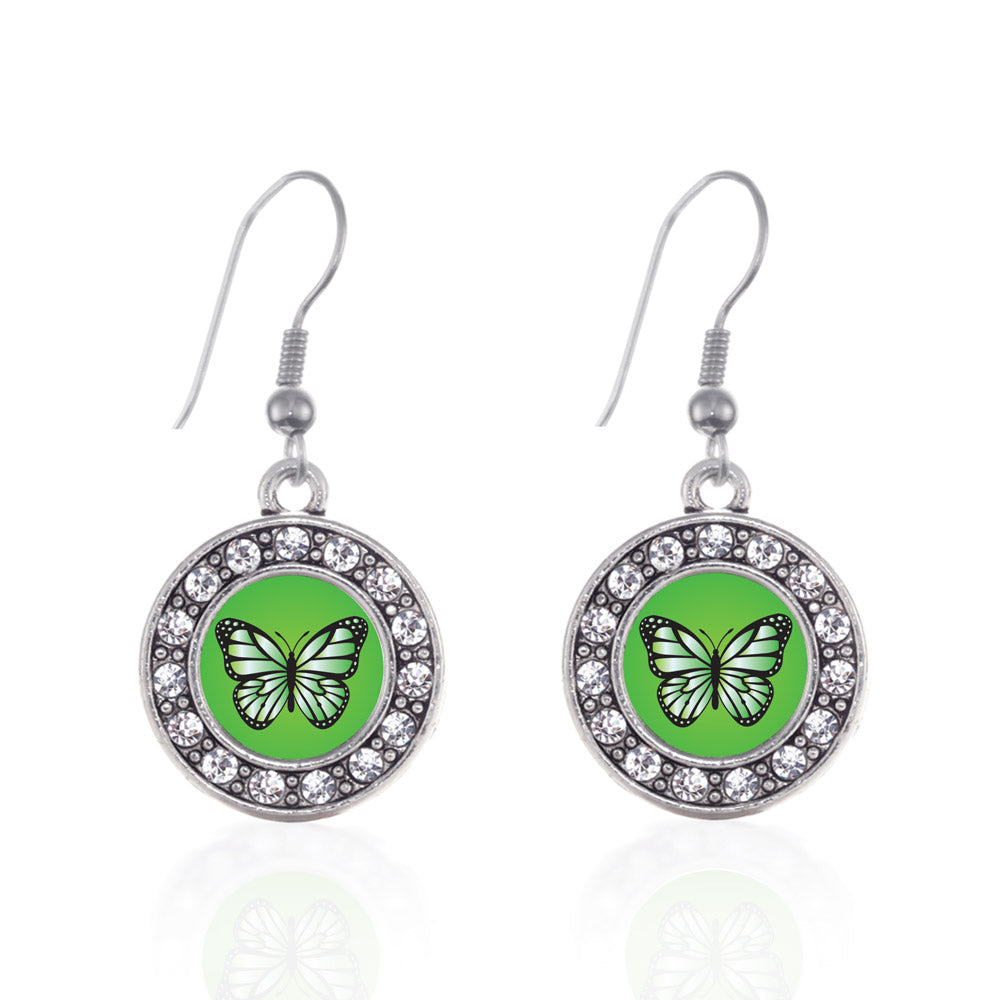 Silver Green Butterfly Circle Charm Dangle Earrings