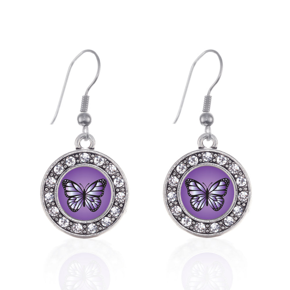 Silver Purple Butterfly Circle Charm Dangle Earrings