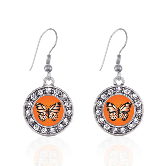 Silver Orange Butterfly Circle Charm Dangle Earrings