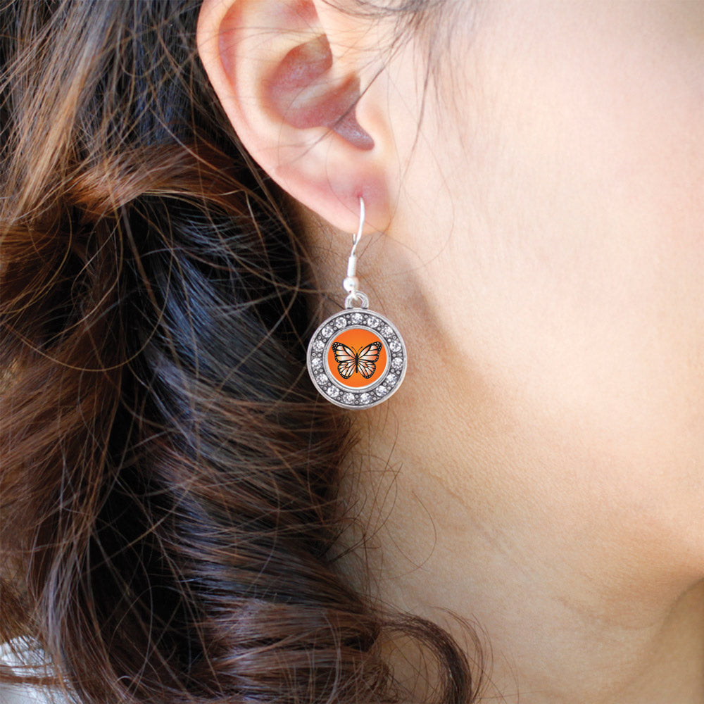 Silver Orange Butterfly Circle Charm Dangle Earrings