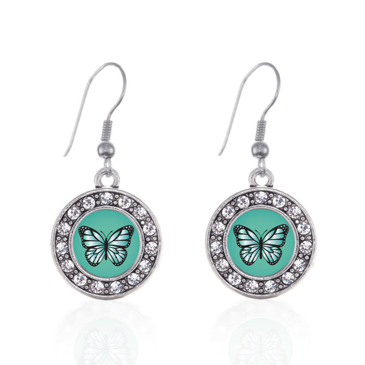 Silver Teal Butterfly Circle Charm Dangle Earrings