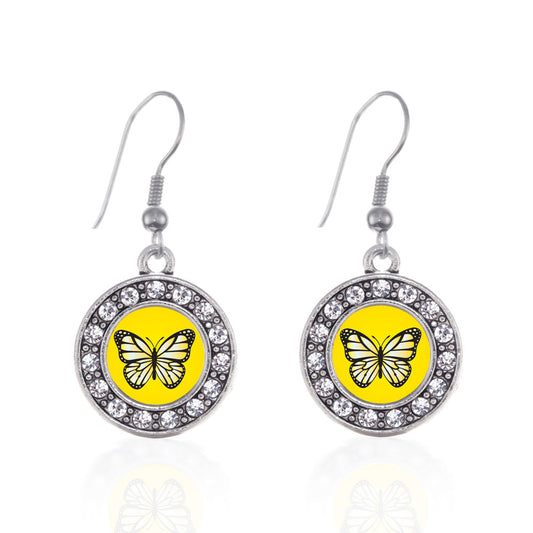 Silver Yellow Butterfly Circle Charm Dangle Earrings