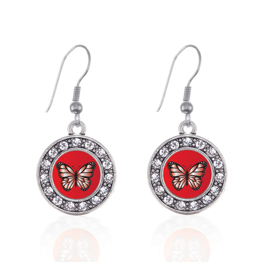 Silver Red Butterfly Circle Charm Dangle Earrings