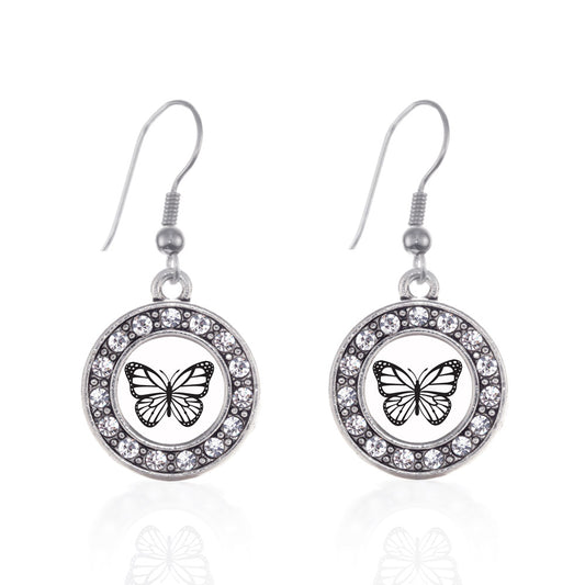 Silver White Butterfly Circle Charm Dangle Earrings