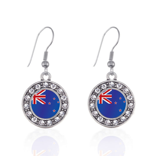 Silver New Zealand Flag Circle Charm Dangle Earrings