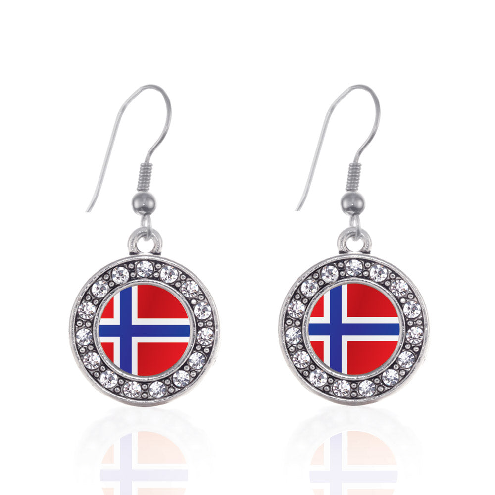 Silver Norway Flag Circle Charm Dangle Earrings