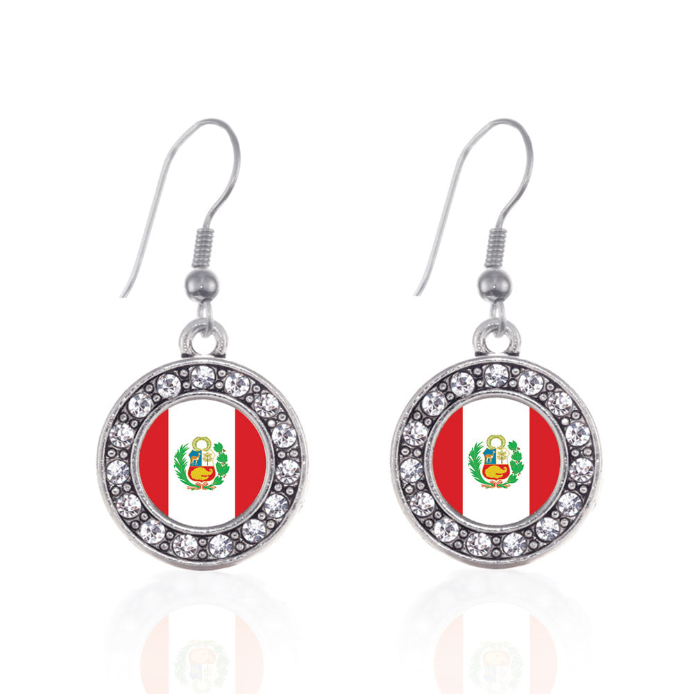 Silver Peru Flag Circle Charm Dangle Earrings