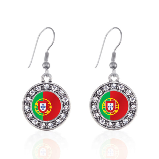 Silver Portugal Flag Circle Charm Dangle Earrings