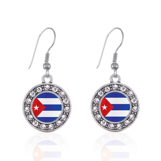 Silver Cuba Flag Circle Charm Dangle Earrings