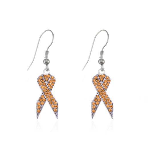 Silver Orange Ribbon Charm Dangle Earrings
