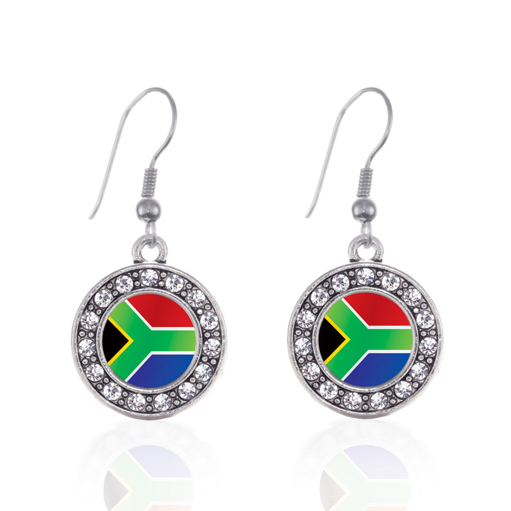 Silver South Africa Flag Circle Charm Dangle Earrings