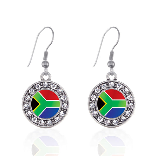 Silver South Africa Flag Circle Charm Dangle Earrings