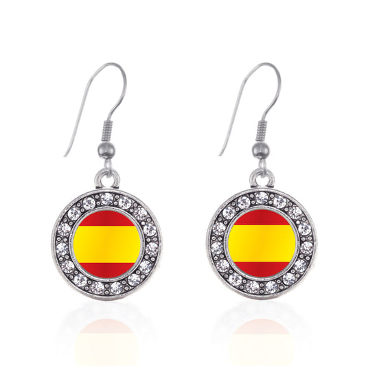 Silver Spain Flag Circle Charm Dangle Earrings
