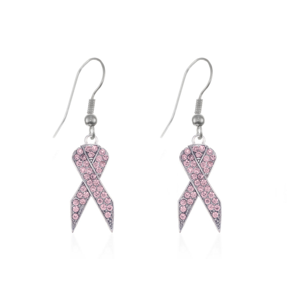 Silver Pink Ribbon Charm Dangle Earrings