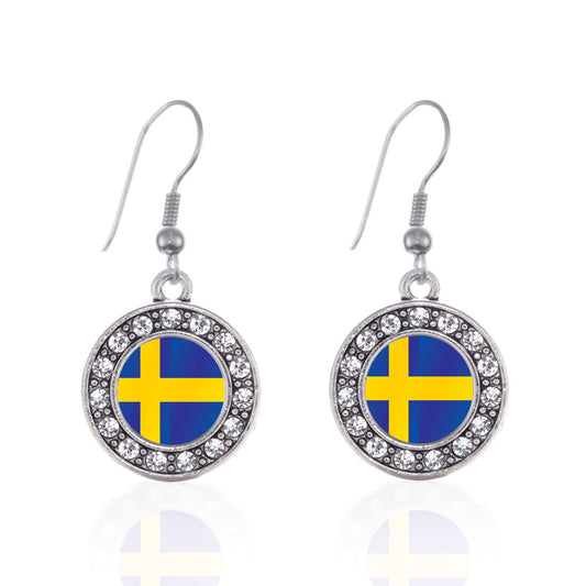 Silver Sweden Flag Circle Charm Dangle Earrings