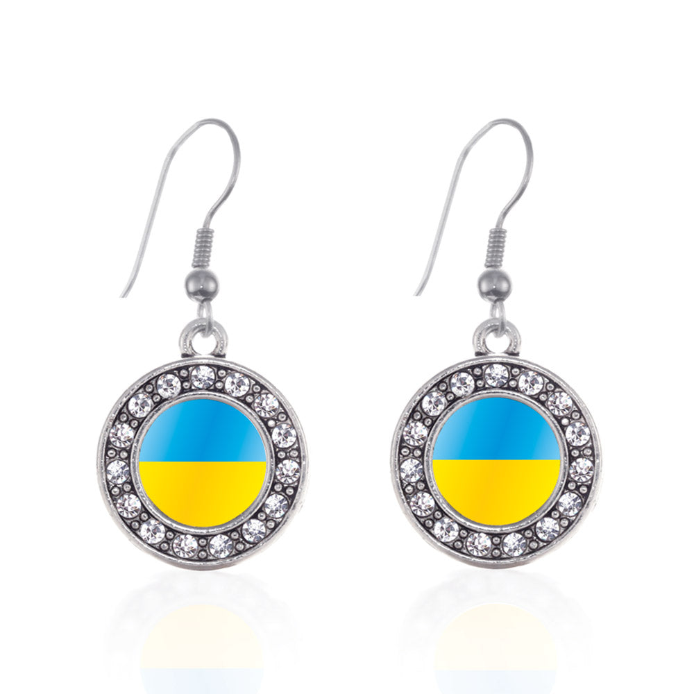 Silver Ukraine Flag Circle Charm Dangle Earrings