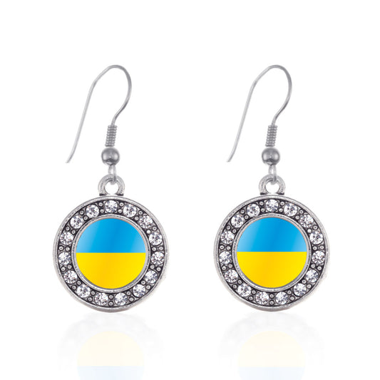 Silver Ukraine Flag Circle Charm Dangle Earrings