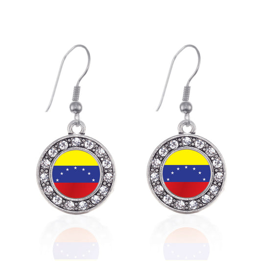 Silver Venezuela Flag Circle Charm Dangle Earrings