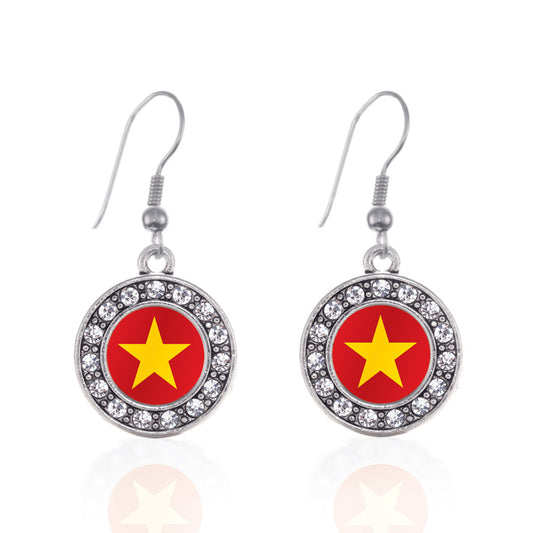 Silver Vietnam Flag Circle Charm Dangle Earrings